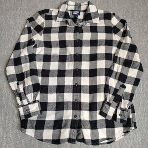 Lands End Shirt Womens Size Medium 10-12 Black White Buffalo Plaid Long Seeve
